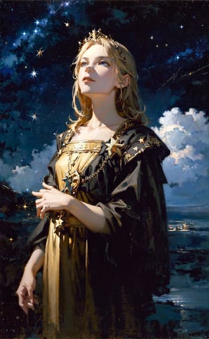 masterpiece, best quality, everyday life in the cloud kingdom, dark moody lighting, (night, night sky, starry sky, star \(sky\), sparkle:1.1),oil painting