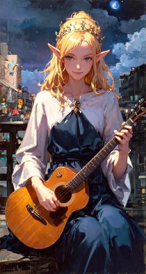 masterpiece, best quality, the cloud elf queen busks on the streets of new york, casual, sitting, playing guitar, dark moody lighting, night sky, night, starry sky, glittering, dark, (smile:0.8),oil painting