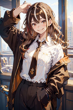 masterpiece, best quality, 1girl, medium wavy brown hair, (two-tone hair, streaked hair:1.1), shirt, necktie, trousers, smirk, smug, happy, relaxed