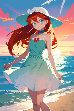 powerpuff girls style, souryuu asuka langley, sundress, hat, seaside, sunset, illustration
