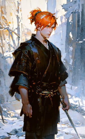 oil painting, Dean Cornwell, masterpiece, best quality, 1boy, samurai, short orange hair, ponytail, winter, snow, snowing, snowflakes, volumetric lighting, rim lighting,watercolor