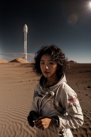 A stunning intricate full color portrait of a 20 year old beautiful asian woman,wearing astronaut outfit, space rocket in the background, looking at view, epic character composition,on mars, sand strome, focus on women,sharp focus, natural lighting, subsurface scattering, f2, 35mm, film grain , (curly hair) 