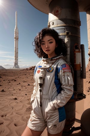 A stunning intricate full color portrait of a 20 year old beautiful asian woman,wearing astronaut outfit, space rocket in the background, looking at view, epic character composition,on mars, sand strome, focus on women,sharp focus, natural lighting, subsurface scattering, f2, 35mm, film grain , (curly hair) 