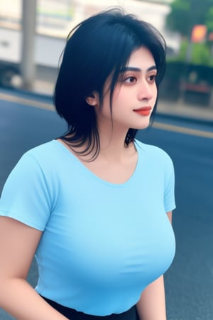 piumi hansamali, light black hair,The background is a busy street, realistic,computer graphics,sots art,big and nice chest,super big chest,Tight chest,Tight clothes,Wearing a light blue tight T-shirt,Various light blue skirts,Square Walk,Ray Tracing,Bright,It's drizzling,Upper Body Close-up,