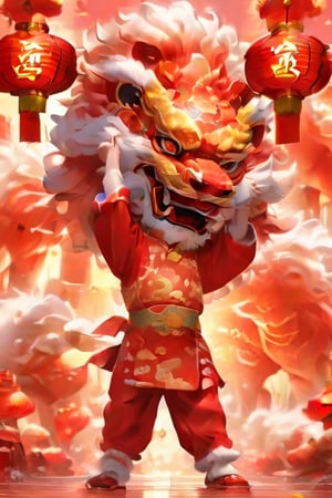 (Masterpiece, Best Quality, Very Detailed, 8K, HD, Ultra Detail), Delicate, Detailed, Playful, A Boy Holds Lion Head with Both Hands, Dancing, Excited, Red Lantern, Chinese Year, Covered Face, Perfect Body Proportions, Solo, Indoor, Chinese Clothes, Chinese Style, Red, Lion Dance,lunar