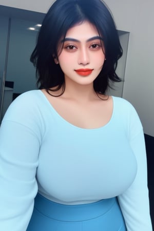 piumi hansamali, light black hair,The background is a busy street, realistic,computer graphics,sots art,big and nice chest,super big chest,Tight chest,Tight clothes,Wearing a light blue tight T-shirt,Various light blue skirts,Square Walk,Ray Tracing,Bright,It's drizzling,Upper Body Close-up,