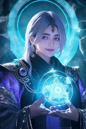 a close up portrait of a sorceress grinning in front of a summoning portal in a magical cave ruins, shiny intricate 3D graphics octane render highly detailed 8k HDR UHD high quality professional unreal engine PS5 cinematic vray, beautiful piumi, piumi_hansamali, close up, upper body, sorceress, magic, summoning portal, magic circle, age 32, silver hair, shy smile, silver armor, purple teal robe, hazel eyes, cave ruins, anime, shiny intricate 3D graphics octane render highly detailed 8k HDR UHD high quality professional unreal engine PS5 cinematic vray,piumi hansamali