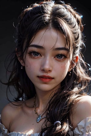 (high-detail, high quality, high-level image quality), master piece, Best Quality, Detailed face, For a beautiful face with symmetry, master piece, Best Quality, very detailed beautiful face and eyes, bright dark eyes, dark-haired, long hair, Solo, updo, Cheerful smile, ( pretty skin), Put your ears out, long neck Smaller face, Big clean eyes, Light in the eyes, Smiling very happily, Perfect Anatomy, beautiful supermodel, lipgloss,  Keep an eye on your audience, adult lady, Adult life,noctuyen, black hair,1 girl, jewelry, cowboy_shot,hands in hair,  reveal shoulders, basic background,(topless;1),nsfw, (black background: 1.2),upper body close up, white croptop, full