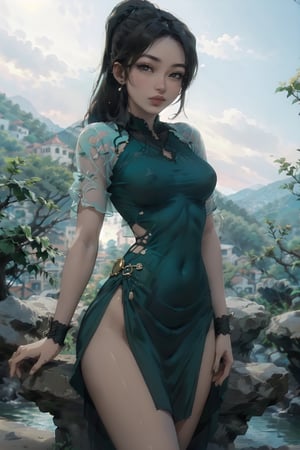 nsfw, 21yo girl, see-through clothes, Sweet woman, straight hair, long pink hair, ponytail, green eyes, cyan dress with oriental ornaments, clothes fitted to the body, perky small breasts, narrow hips, thin thighs, standing on an old stone bridge, mountains, sunny day, clear blue sky, bright light, soft colors, masterpiece, intricate and elaborate details,noctuyen