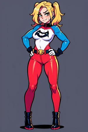 Harley Quinn, 1GIRL, golden_eyes, blonde_hair, pigtail_hair, standing, superhero_outfit, looking_at_viewer, hands on waist, full_body, sexy, beautiful, perfect, attractive