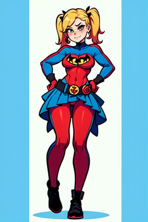 Harley Quinn, 1GIRL, golden_eyes, blonde_hair, pigtail_hair, standing, superhero_outfit, looking_at_viewer, hands on waist, full_body, sexy, beautiful, perfect, attractive