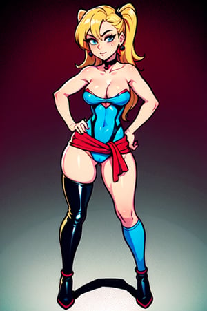 Harley Quinn, 1GIRL, golden_eyes, blonde_hair, pigtail_hair, standing, looking_at_viewer, hands on waist, full_body, sexy, beautiful, perfect, attractive