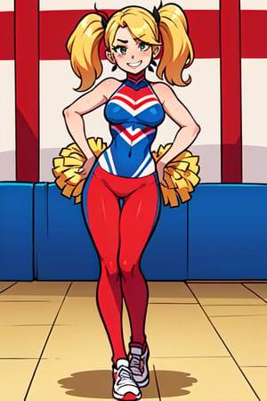 Harley Quinn, 1GIRL, golden_eyes, blonde_hair, pigtail_hair, standing, cheerleader_outfit, looking_at_viewer, hands on waist, full_body, sexy, beautiful, perfect, attractive