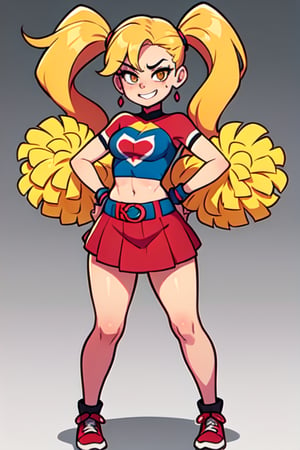 Harley Quinn, 1GIRL, golden_eyes, blonde_hair, pigtail_hair, standing, cheerleader_outfit, looking_at_viewer, hands on waist, full_body, sexy, beautiful, perfect, attractive