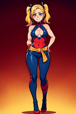 Harley Quinn, 1GIRL, golden_eyes, blonde_hair, pigtail_hair, standing, looking_at_viewer, hands on waist, full_body, sexy, beautiful, perfect, attractive