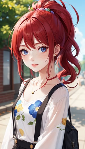 cartoon (masterpiece, best quality), 1girl, collarbone, wavy hair, looking at viewer, blurry, upper body, necklace, suspenders, floral print, ponytail, freckles, red hair, sunlight,cartoon 