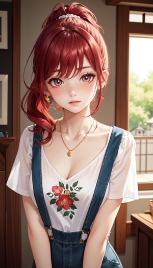 cartoon (masterpiece, best quality), 1girl, collarbone, wavy hair, looking at viewer, blurry, upper body, necklace, suspenders, floral print, ponytail, freckles, red hair, sunlight,cartoon 
