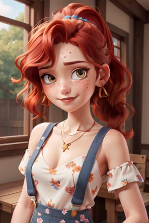 cartoon (masterpiece, best quality), 1girl, collarbone, wavy hair, looking at viewer, blurry, upper body, necklace, suspenders, floral print, ponytail, freckles, red hair, sunlight,