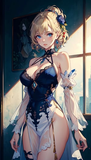  (best quality:1.3), (masterpiece:1.3), (detailed:1.2), distinct image, (Cowboy shot), BREAK Solo, looking at viewer, Tapered body, Half-Up Half-Down Ash Blonde hairs, Sapphire eyes, Sheer Sleeve Dress natural volumetric lighting, Artistic Background,Gwendolyn_Tennyson