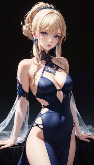  (best quality:1.3), (masterpiece:1.3), (detailed:1.2), distinct image, (Cowboy shot), BREAK Solo, looking at viewer, Tapered body, Half-Up Half-Down Ash Blonde hairs, Sapphire eyes, Sheer Sleeve Dress natural volumetric lighting, Artistic Background,