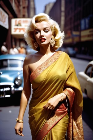 FULL BODY PORTRAIT OF Beautiful, 1Marilyn Monroe in Saree, ((detailed face)), ((seductive eyes)), ((left hand on the waist)), Broadway street,  10-35mm, Daylight, 64-Megapixel.