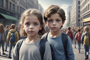 2kids lost in a big city. Big crowd. Looking at camera. Photorealistic. Uhd. 64k.