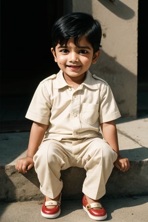 Beautiful smiling toddler Indian boy, stylish haircut, full body, detailed facial features, detailed eyes, atmospheric lighting, Kodak Portra 800 film SMC Takumar 35mm  f/ 2. 8 c 50, 2023