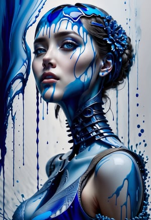 masterpiece, best quality, ultra high res, 1girl, (abstract art:1.4), bleeding blue, blue theme, visually stunning, beautiful, evocative, emotional, side view, 