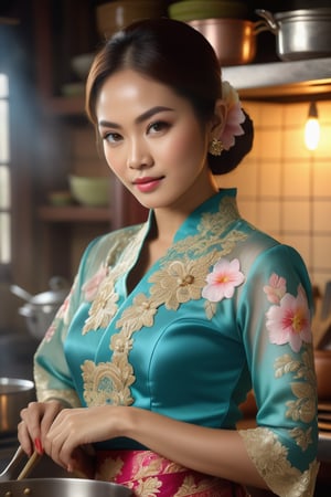 RAW photo, ((best quality)), ((masterpiece)), ((realistic)), a nyonya woman wearing Kebaya, cooking in traditional kitchen, 8K UHD, high-resolution digital photography capturing every detail, on eye level, scenic, masterpiece (high detailed skin:1.2) 8k uhd, dslr, soft lighting, high quality, film grain