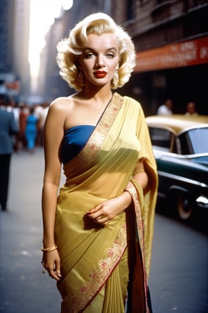 FULL BODY PORTRAIT OF Beautiful, 1Marilyn Monroe in Saree, ((detailed face)), ((seductive eyes)), ((left hand on the waist)), Broadway street,  10-35mm, Daylight, 64-Megapixel.