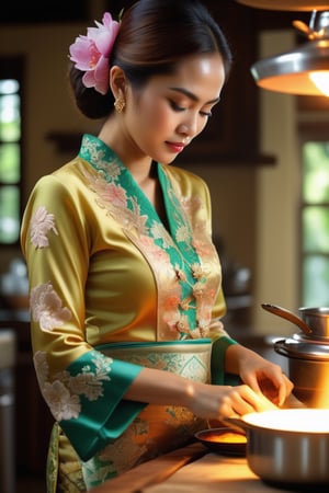 RAW photo, ((best quality)), ((masterpiece)), ((realistic)), a nyonya woman wearing Kebaya, cooking in traditional kitchen, 8K UHD, high-resolution digital photography capturing every detail, on eye level, scenic, masterpiece (high detailed skin:1.2) 8k uhd, dslr, soft lighting, high quality, film grain