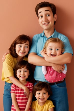 A picture of a happy family consisting of a mother, a father, and three children, in a Pixar style