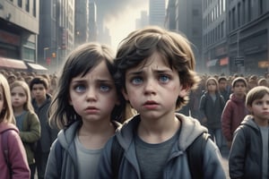 2kids lost in a big city. Big crowd. Grim faces. Looking at camera. Photorealistic. Uhd. 64k.