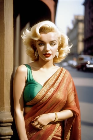 FULL BODY PORTRAIT OF Beautiful, 1Marilyn Monroe in Saree, ((detailed face)), ((seductive eyes)), ((left hand on the waist)), Broadway street,  10-35mm, Daylight, 64-Megapixel.