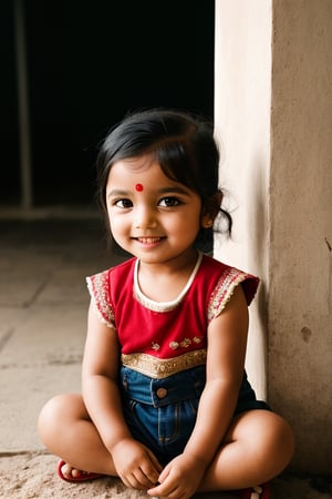 Beautiful smiling toddler Indian girl, stylish haircut, full body, detailed facial features, detailed eyes, atmospheric lighting, Kodak Portra 800 film SMC Takumar 35mm  f/ 2. 8 c 50, 2023