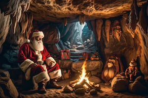 ((a caveman style santa)), sitting on a stone in the cave, animal skins hanging on the wall, bonfire made of stones, christmas,Epic Caves, epic, 8k, high resolution,more detail XL,christmas,SANTA CLAUS