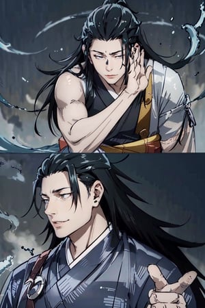 ((only Suguru Geto himself with long black hair in the pic, center view)), black eyes, handsome 25 yo, big smile, feeling sad, needless, depressed, sharp focus, dynamic, (natural skin texture, hyperrealism:1.25), Jujutsu Kaisen, (skinny:1.25), pale skin, upper body, dark day, black smoke background, long kimono, anime, getou, character_getou, black hair, r1ge, Cursed energy, jujutsu_kaisen:1.4, sketch ,DrakePostingMeme,perfecteyes