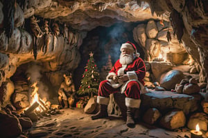 ((a caveman style santa)), sitting on a stone in the cave, animal skins hanging on the wall, bonfire made of stones, christmas,Epic Caves, epic, 8k, high resolution,more detail XL