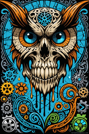 SKULL OWL DETAILED LINE, Illustration style, print ready vector t-shirt design, SCARY skull owl illustration, DIGITAL PAINTING, professional vector, high detail, t-shirt design, graffiti, bright COLORS, highly detailed, pen and ink bold drawing, perfect composition, beautiful detail , intricate, highly detailed, cartoon type, comic book, STEAMPUNK ART, SPLASH PAINT ART, celtic medieval art