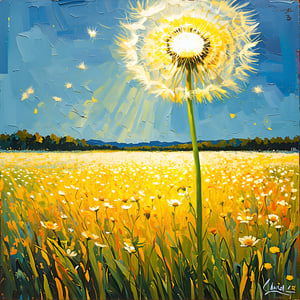 iconic Van Gogh oil painting style, ultra-detailed, beam of light illuminating a dandelion flower in a vibrant flower-filled field, a breathtaking scene where a beam of light shines down to illuminate a single dandelion flower in the midst of a beautiful and vibrant flower-filled field, the composition is both serene and captivating, inviting viewers to marvel at the beauty of nature's radiance 