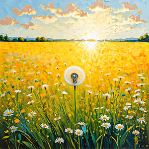 iconic Van Gogh oil painting style, ultra-detailed, beam of light illuminating a dandelion flower in a vibrant flower-filled field, a breathtaking scene where a beam of light shines down to illuminate a single dandelion flower in the midst of a beautiful and vibrant flower-filled field, the composition is both serene and captivating, inviting viewers to marvel at the beauty of nature's radiance 