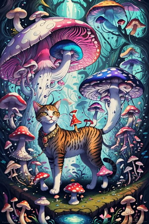 A cat adorned with a vibrant array of mushrooms is a surreal fusion of feline grace and nature's whimsy, mix, fusion,ShroomPunkAI