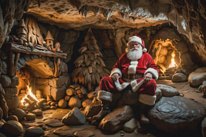 ((a caveman style santa)), sitting on a stone in the cave, animal skins hanging on the wall, bonfire made of stones, christmas,Epic Caves, epic, 8k, high resolution,more detail XL