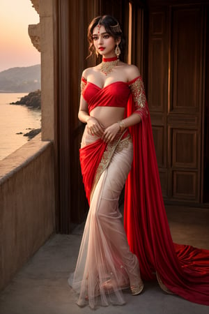 (masterpiece:1.2, best quality:1.2, beautiful 19 year indian girl,  sexy gaze, happy face, high quality, highres:1.1, aesthetic), detailed, extremely detailed, ambient soft lighting, perfect eyes, perfect face, 1girl, long white hair, hair ornament, normal breasts, red gatsby dress, strapless, dress can see through, show nipples, bare shoulders, sleeveless, wrist cuffs, detached sleeves, earrings, black choker, looking at the viewer, full body, slim body, red saree, behind her there is Sunset at ocean