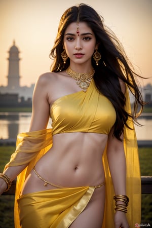 Best quality, masterpiece, ultra high res, (photorealistic:1.37), raw photo, 1girl, long hair, black eyes,  detailed eyes and face, golden yellow saree, STANDING infront of TAJMAHAL, sexy figure, sexy face, dynamic lighting, in the dark, deep shadow, low key, Indian,  married, golden ear_ring,  nose ring,  mangalsutra
