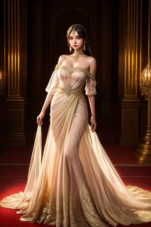 (masterpiece:1.2, best quality:1.2, beautiful 19 year indian girl, high quality, highres:1.1, aesthetic), detailed, extremely detailed, ambient soft lighting, perfect eyes, perfect face, 1girl, long white hair, hair ornament, normal breasts, red gatsby dress, strapless, dress can see through, show nipples, bare shoulders, sleeveless, wrist cuffs, detached sleeves, earrings, black choker, looking at the viewer, full body, slim body, black eyes