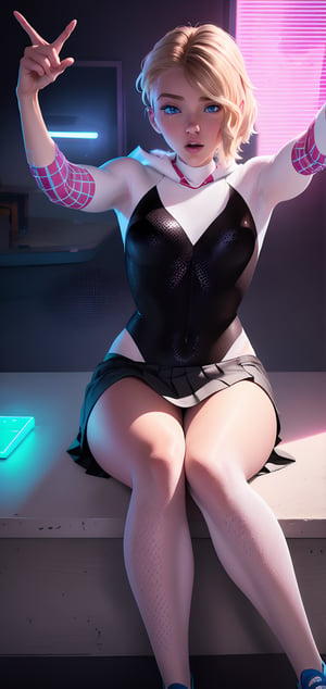 1girl, solo, ((masterpiece)), 17 year old, gwen stacy, animefication, blonde short hair, undercut, asymmetrical hair, selfie, body suit, blue eyes, face_sitting, absurdres, medium breasts, extremely delicate and beautiful, extremely detailed, dimly neon light, graffity art, (best-quality:0.8), nude, open legs, school_uniform, lifted_skirt