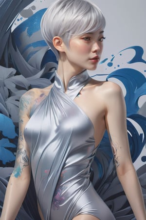 A stunning, vibrant digital drawing of a woman with short grey hair,  and a muted-colored bodysuit, inspired by the artistic styles of James Jean, Jeremy Enecio, Ade Santora, and Aloysius O'Kelly. Frost clings to her skin, and she is draped in silk, reminiscent of sun-hyuk Kim's work. The overall aesthetic is a blend of Æon Flux, graffiti, ukiyo-e, painting, photography, and 3D render, creating a dark fantasy, conceptual art piece that combines elements of fashion, architecture, cinematic, wildlife photography, poster, and portrait photography. The woman is trending on Artforum, and the artwork was created by the talented artist, Sun-Hyuk Kim., poster, conceptual art, dark fantasy, cinematic, vibrant, illustration, portrait photography, fashion, anime, painting, product, architecture, photo, 3d render, wildlife photography, graffiti, ukiyo-e,glitter,art_booster