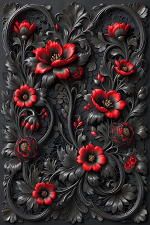 a black lace with red flowers on it, a digital rendering by Mario Dubsky, shutterstock contest winner, art nouveau, floral lacework, ornate flowers, black and red colors