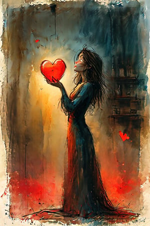 color photo of a maiden, cloaked in darkness, standing within the confines of a dimly lit room. In this mysterious setting, she holds her hand high above her head, cradling a bright red heart. The heart emanates a radiant glow, casting its vibrant hue onto the surroundings. The room, once shrouded in darkness, is now illuminated by the captivating presence of the heart. Its vivid color creates a stark contrast against the somber backdrop, drawing attention to the maiden's gesture and the profound symbolism of the heart. This enchanting image captures a moment of transformative power, where the heart becomes a beacon of light and hope within the darkness. It invites viewers to contemplate the significance of love, resilience, and the potential for illumination even in the most obscure corners of life.